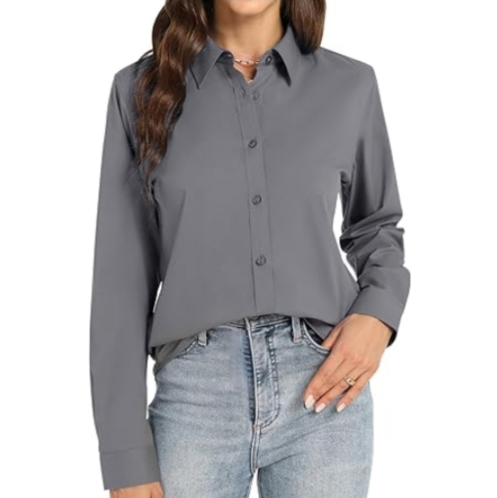 Button Down Long Sleeve Stretch Solid Work Shirt Dark Gray
